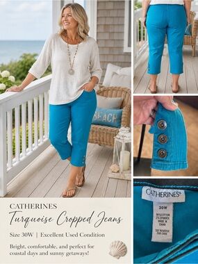 Catherines Turquoise Cropped Jeans Plus Size 30W Button Hem Capri Pants